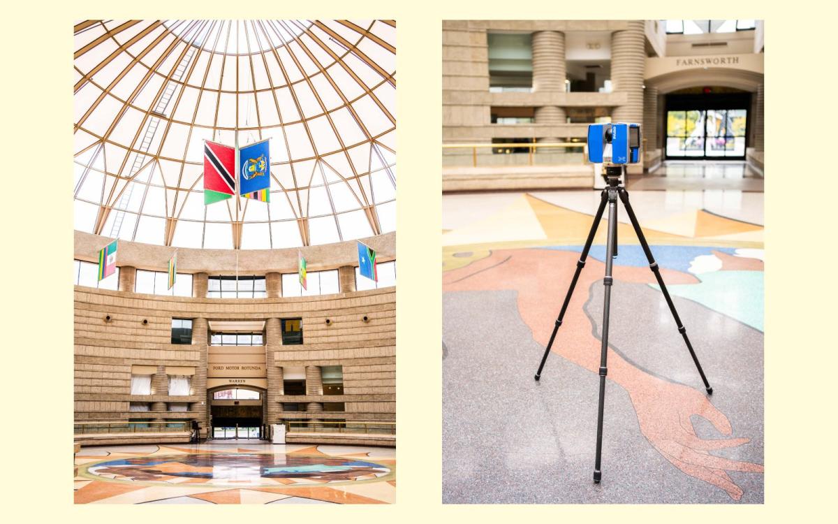 Two side-by-side images showing the interior of a rotunda and a sensor standing on a tripod