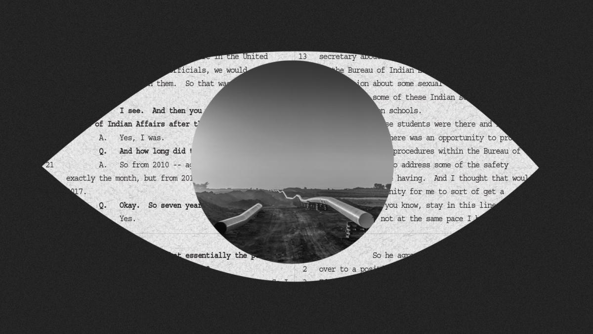 A collage in the shape of a large eye with document text in the sclera and a photo of a pipeline in the iris/pupil