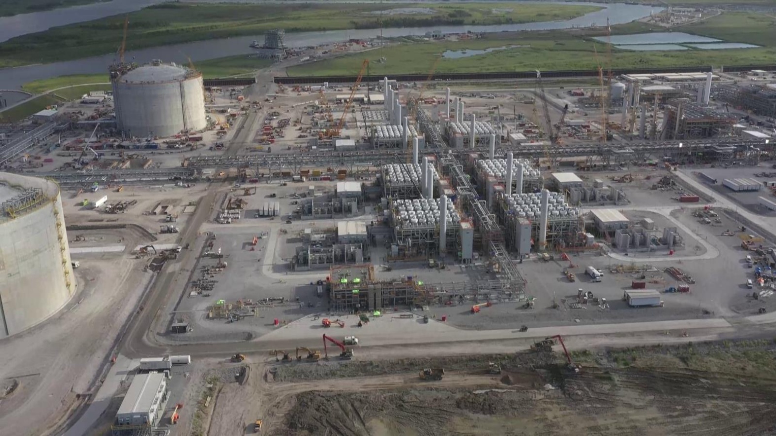 An aerial photo of an LNG terminal on the Gulf Coast