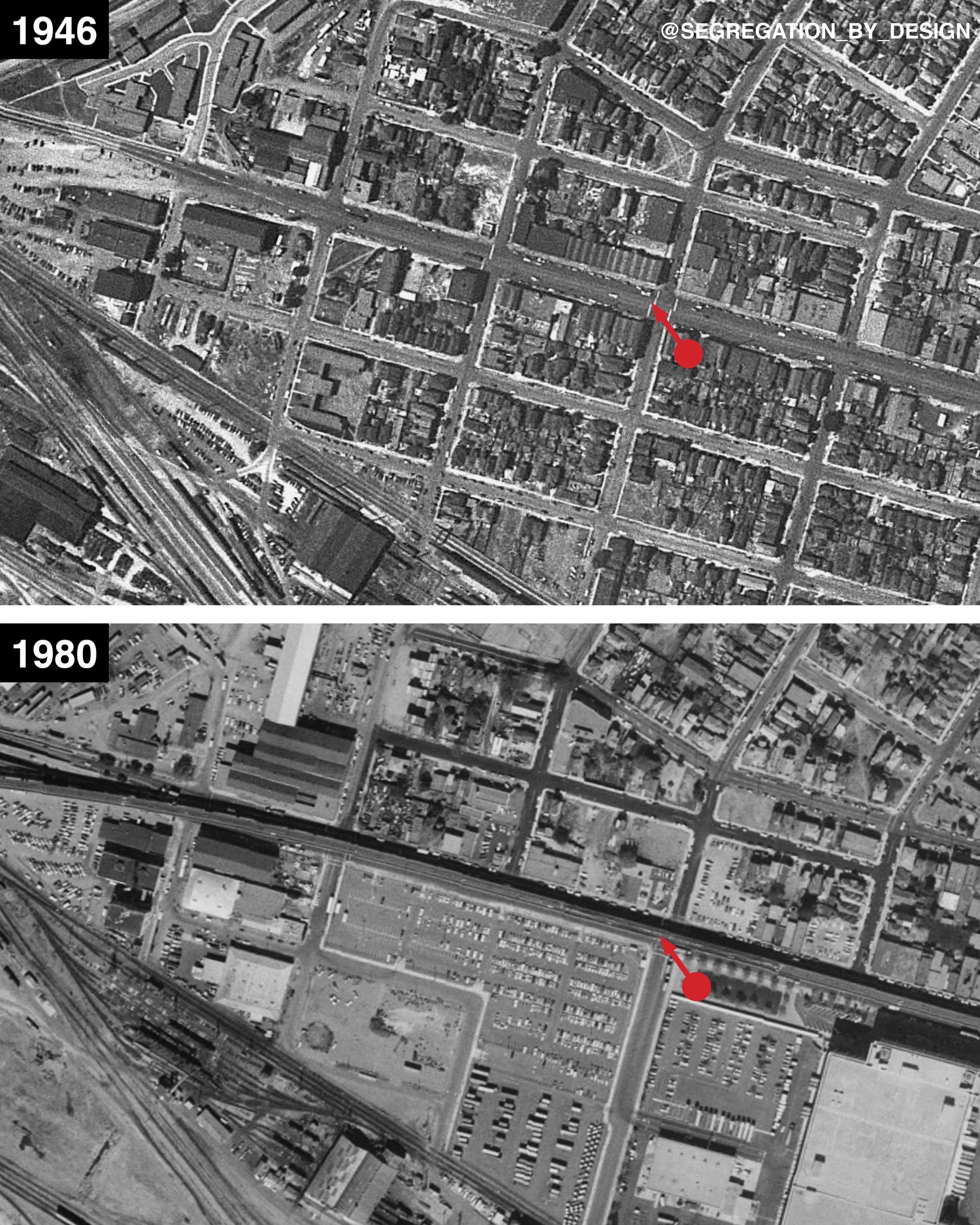 Two aerial images of a city in black and white from above in 1946 and 1980.
