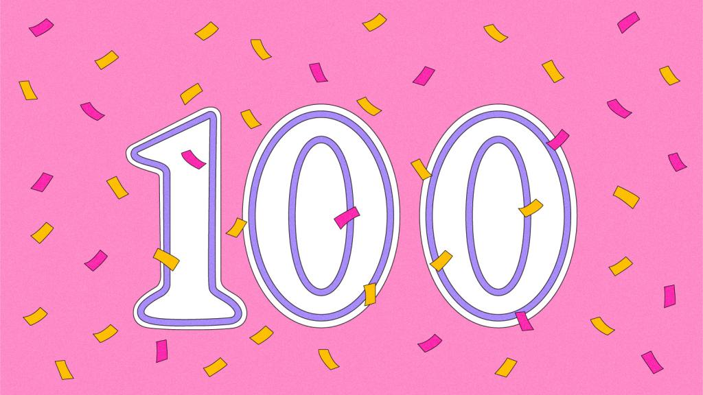 Illustration of the number 100 with confetti falling around it