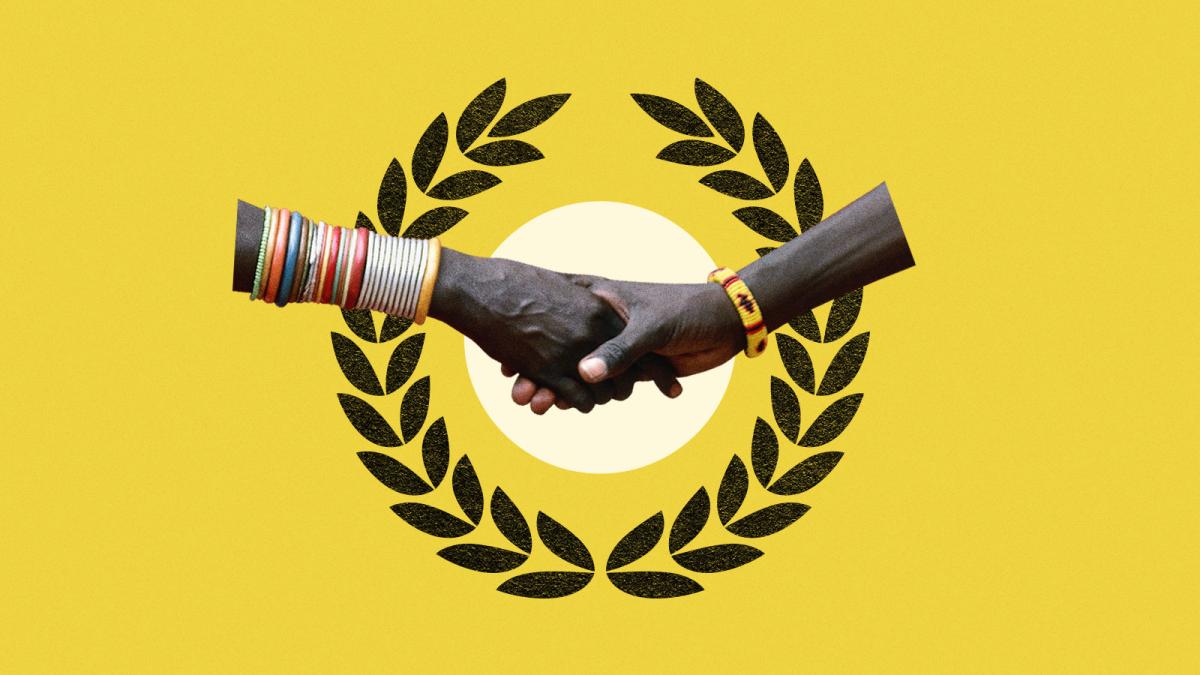 Collage of two people holding hands with a laurel wreath in the background