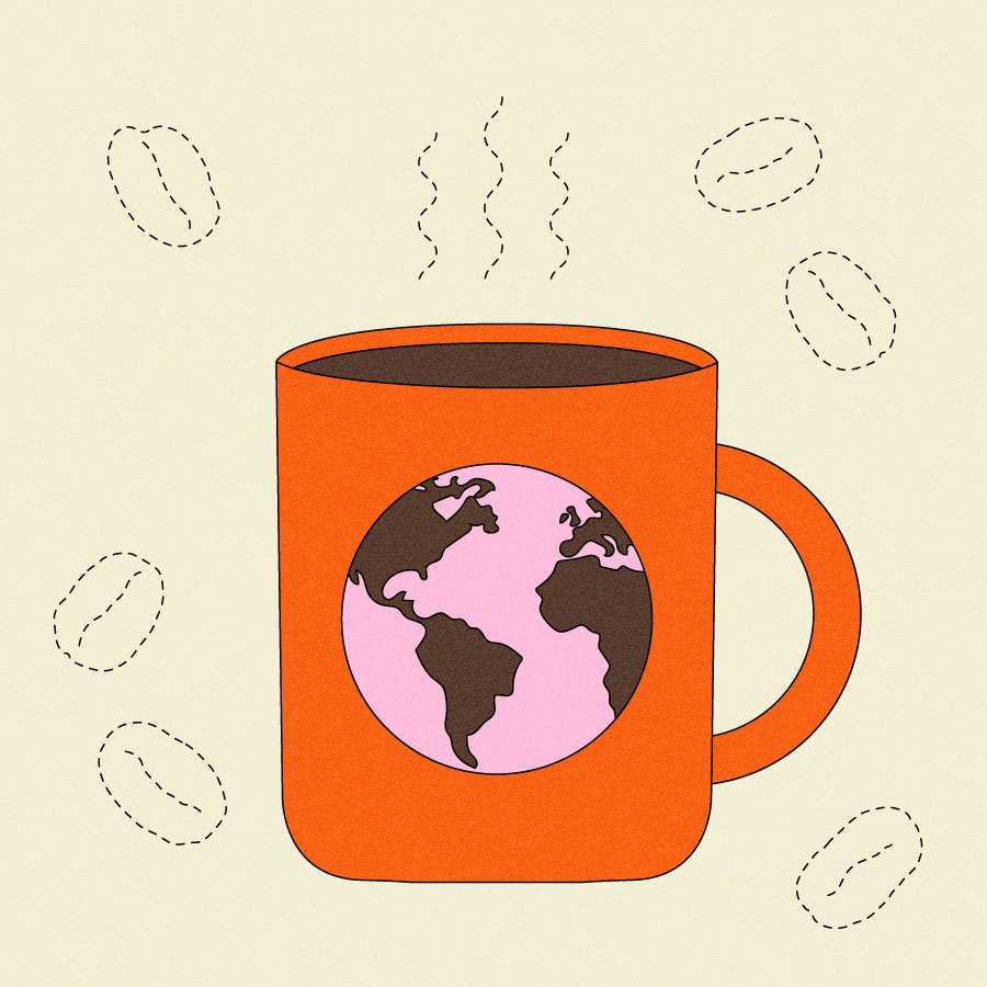 Illustration of red mug with dotted, wavy aroma lines wafting from the coffee inside. Dotted outlines of missing coffee beans float around the mug.