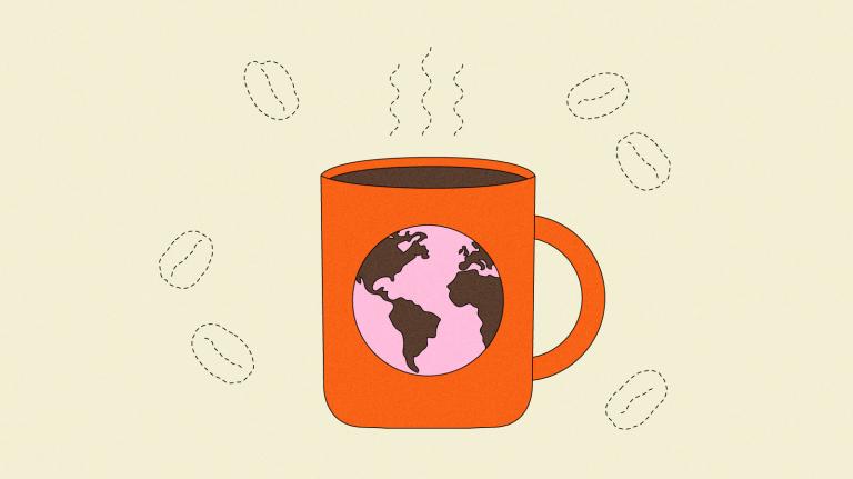 Illustration of red mug with dotted, wavy aroma lines wafting from the coffee inside. Dotted outlines of missing coffee beans float around the mug.