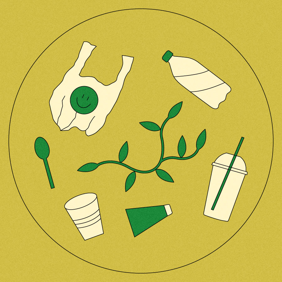 Illustration of plastic objects grouped into a circle with a leafy vine in the center