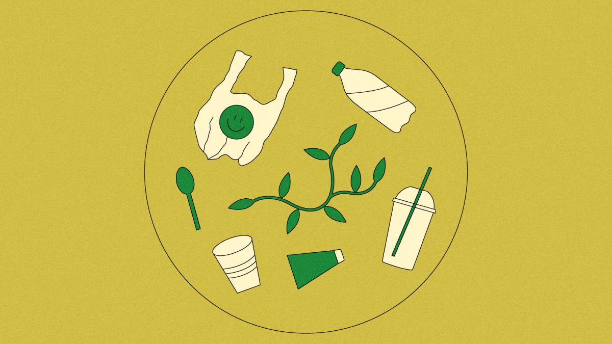Illustration of plastic objects grouped into a circle with a leafy vine in the center