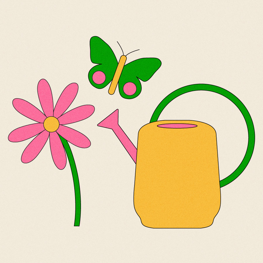 Illustration of a flower, butterfly, and watering can