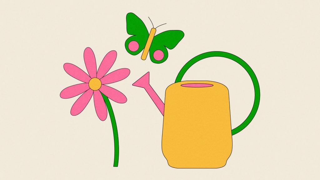 Illustration of a flower, butterfly, and watering can
