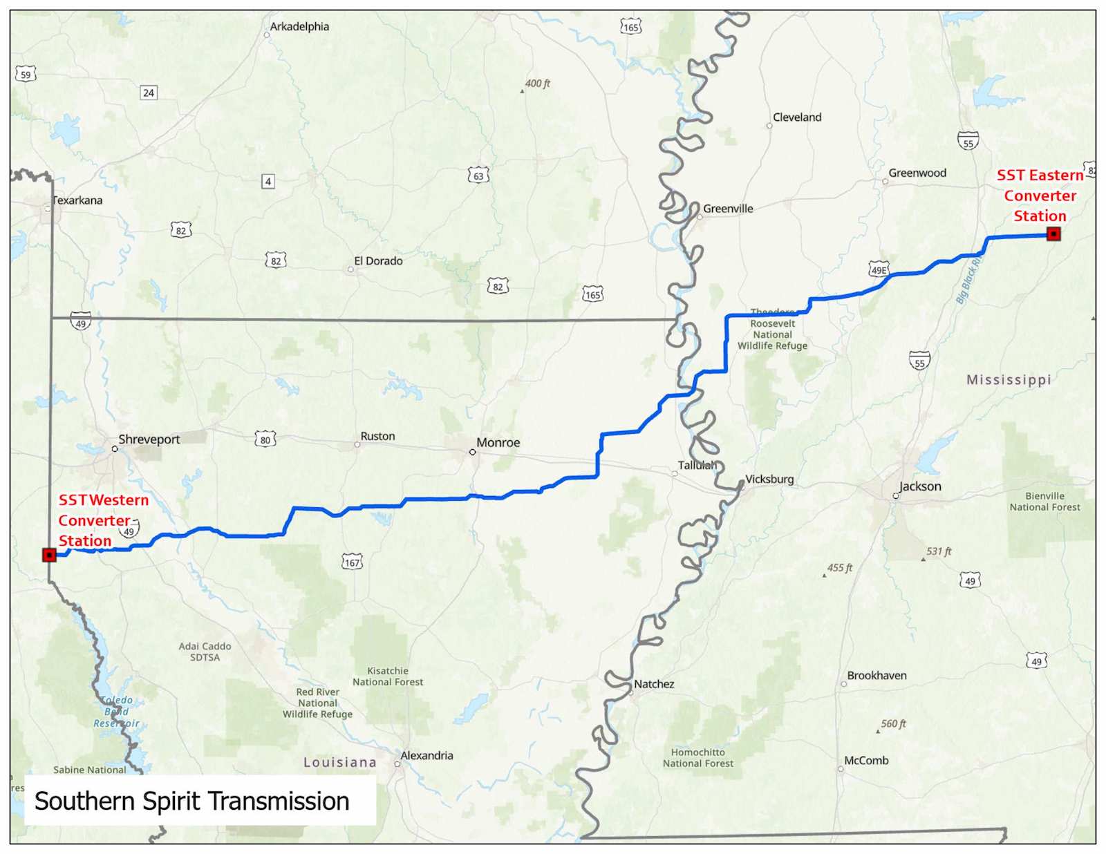 A map showing a blue line from Louisiana/Texas border to Mississippi