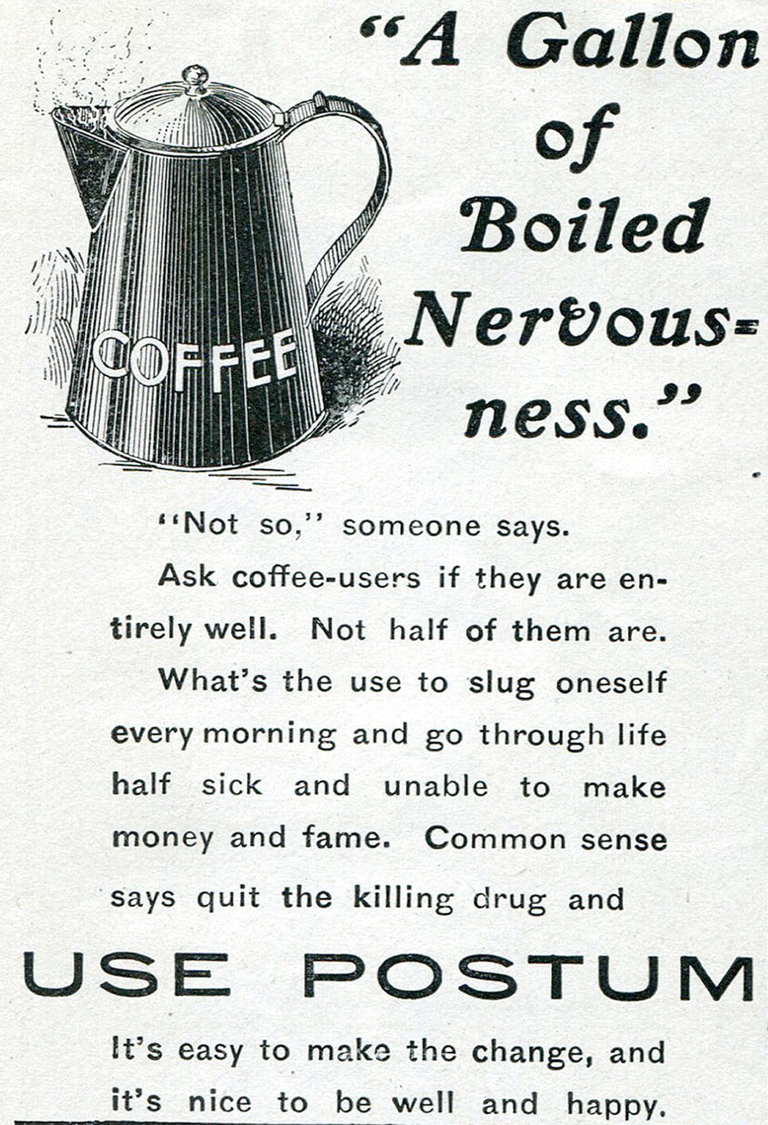 A black and white old ad for Postum -- a coffee alternative