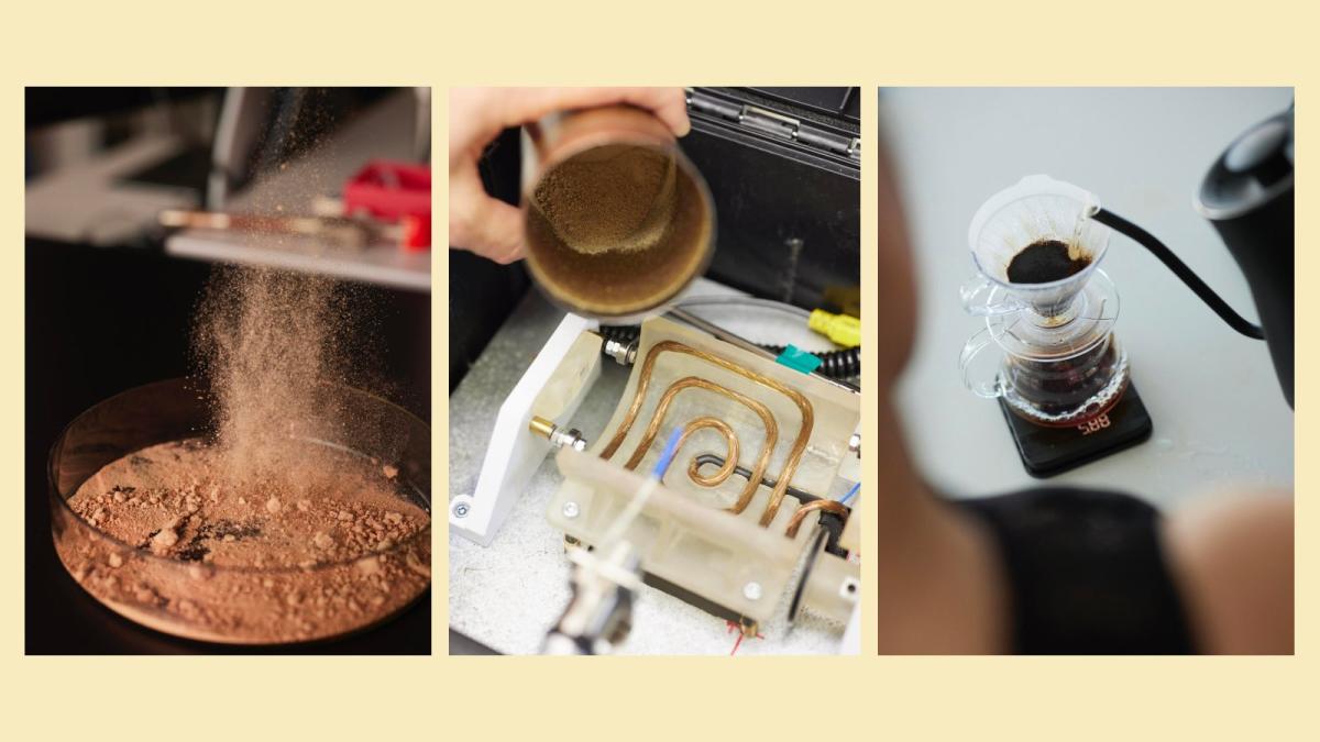 Three side-by-side photos showing coffee granules in a petri dish, being poured into a lab instrument, and then being brewed in a pour-over.