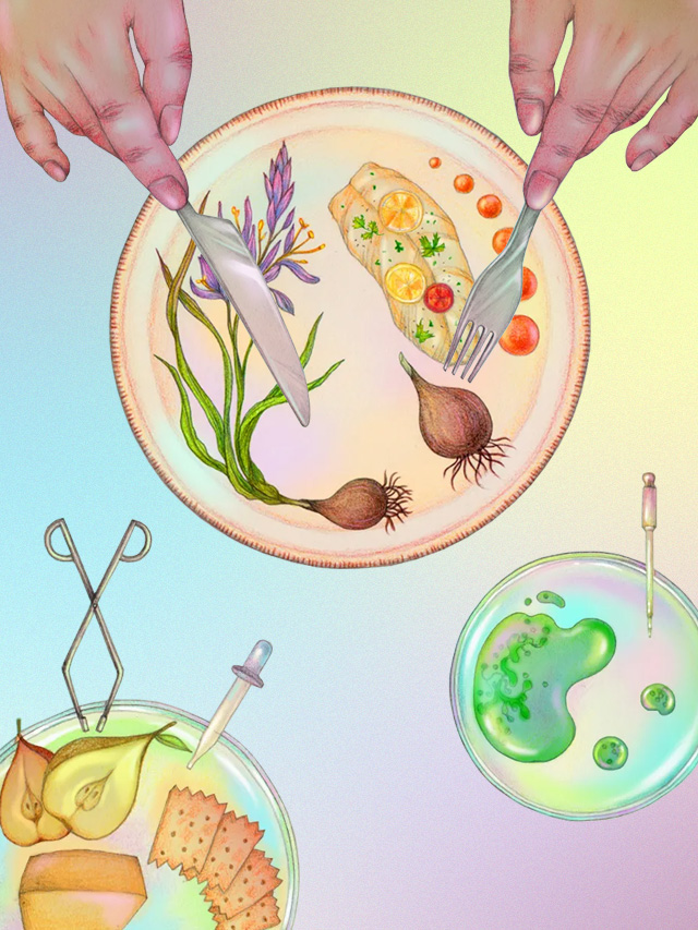 Two hands are shown eating climate-friendly foods arranged on a table