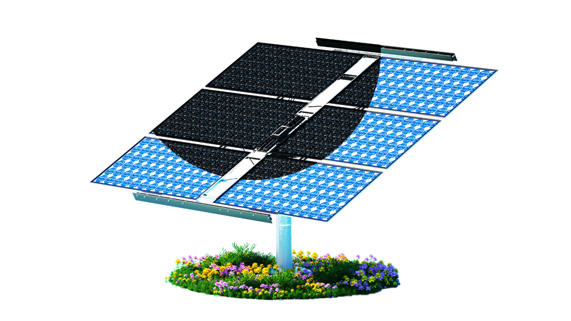 Solar panel on patch of flowers and grass with large circular shadow on the panels