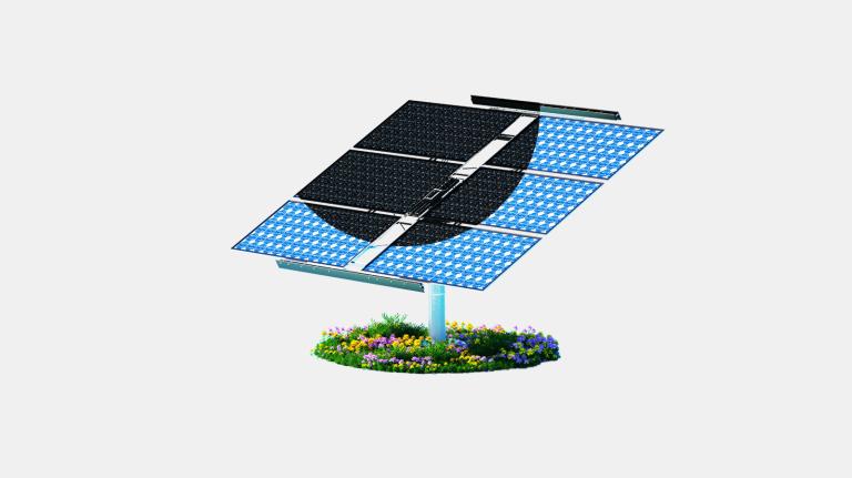 Solar panel on patch of flowers and grass with large circular shadow on the panels