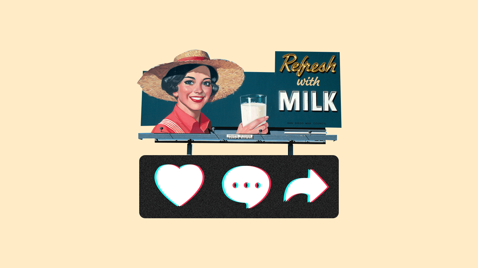Retro billboard of woman with glass of milk reading "Refresh with milk" and TikTok like buttons below it