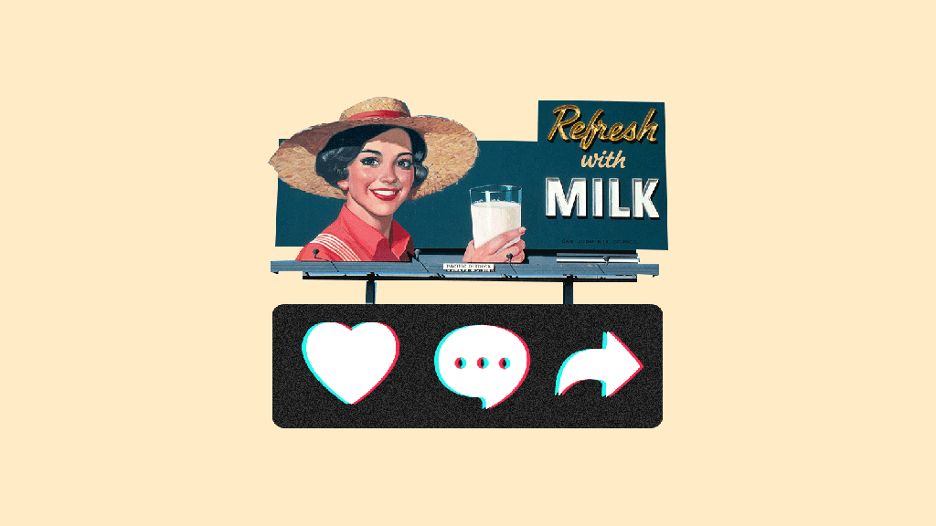 Retro billboard of woman with glass of milk reading 
