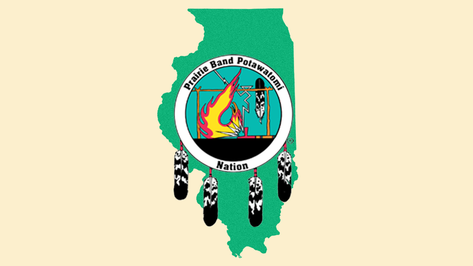 Digital collage of green silhouette of state of Illinois with the seal of the Prairie Band Potawatomi Nation on top