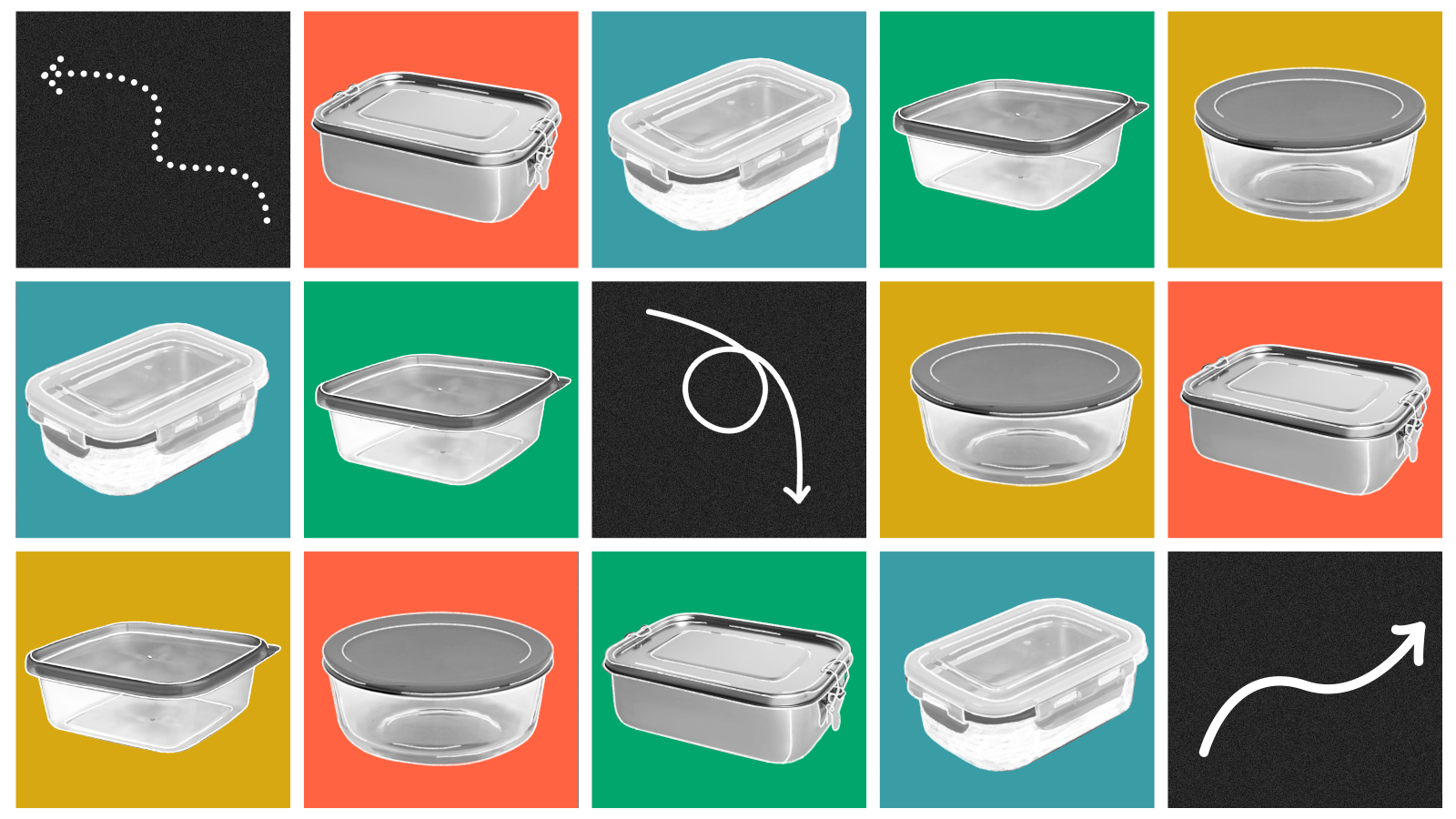 digital collage of various tupperware and arrows on brightly colored squares