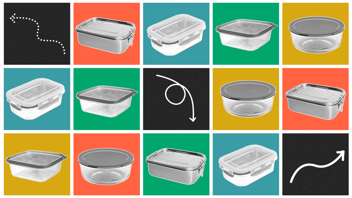 digital collage of various tupperware and arrows on brightly colored squares