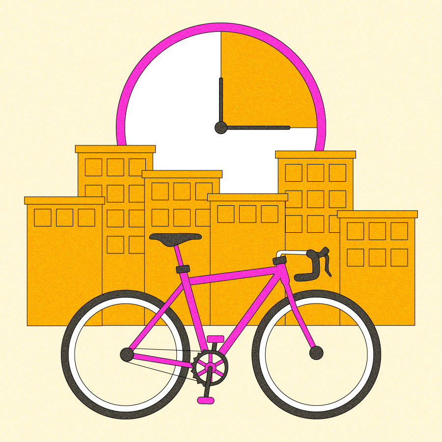 Illustration of bike in front of a city skyline and clock with 15 minutes highlighted