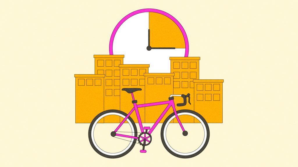Illustration of bike in front of a city skyline and clock with 15 minutes highlighted