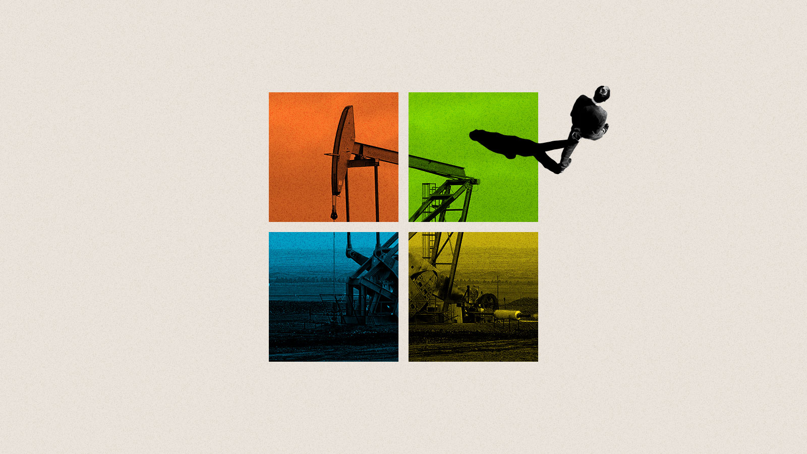 Collage of person walking away from Microsoft logo, which contains an image of an oil pumpjack