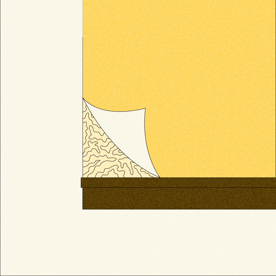 Illustration d'un papier peint jaune pelé révélant une texture de champignons ondulés en dessous