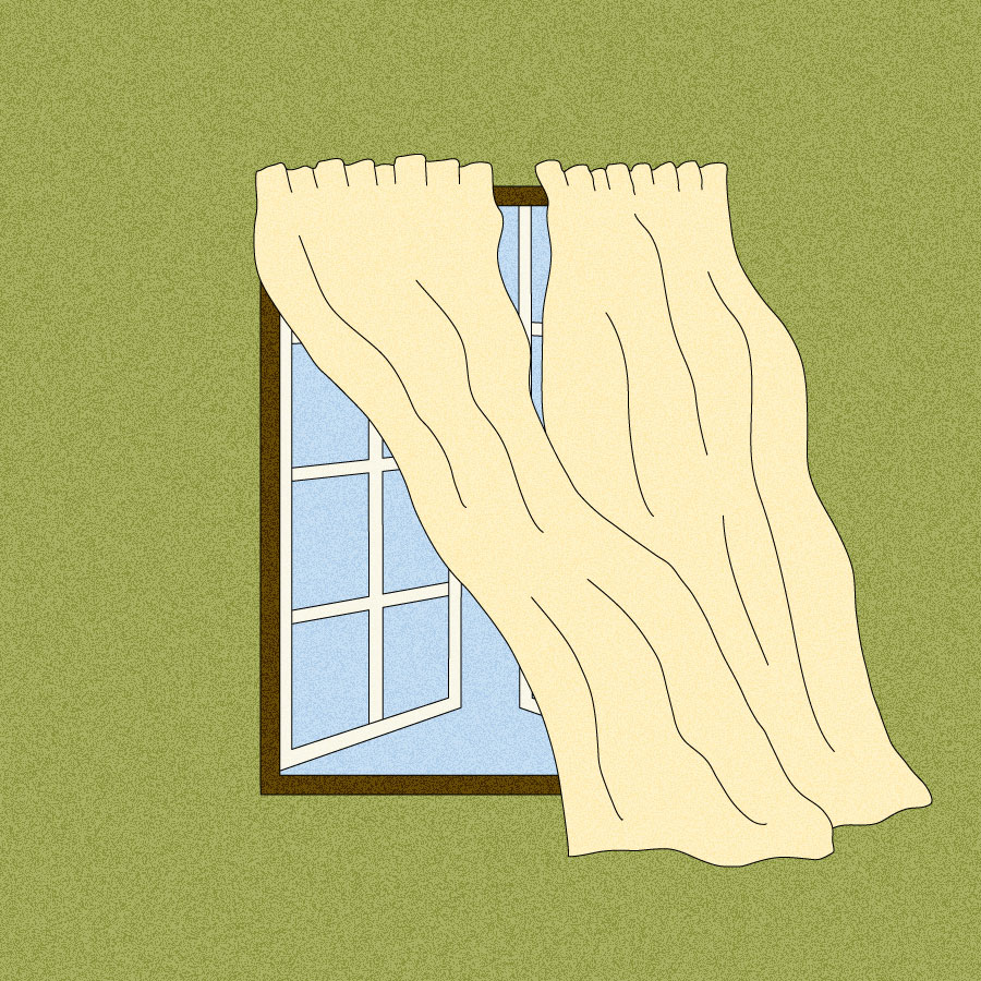 Illustration of open window with its curtain blowing in the wind