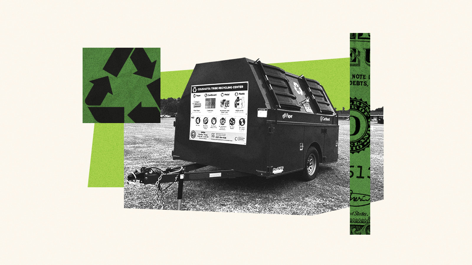 Collage of recycling symbol, recycling dumpster, and dollar bill