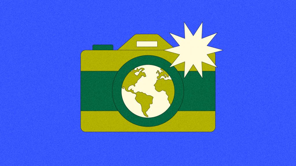 Illustration of camera with image of earth within lens