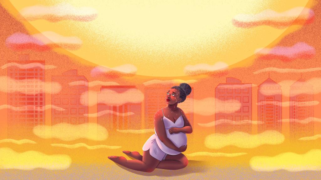 An illustration of a woman with a visibly pregnant belly kneeling on the ground looking up as a large sun shines ominously overhead