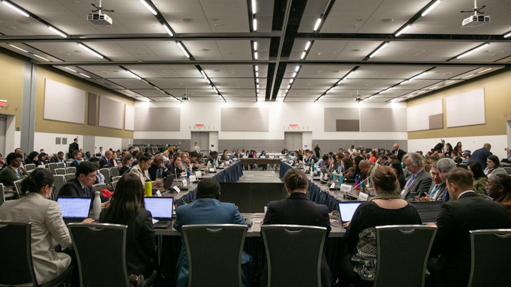 Dozens of people sit in a large conference room, some with laptops and placards on tables in front of them