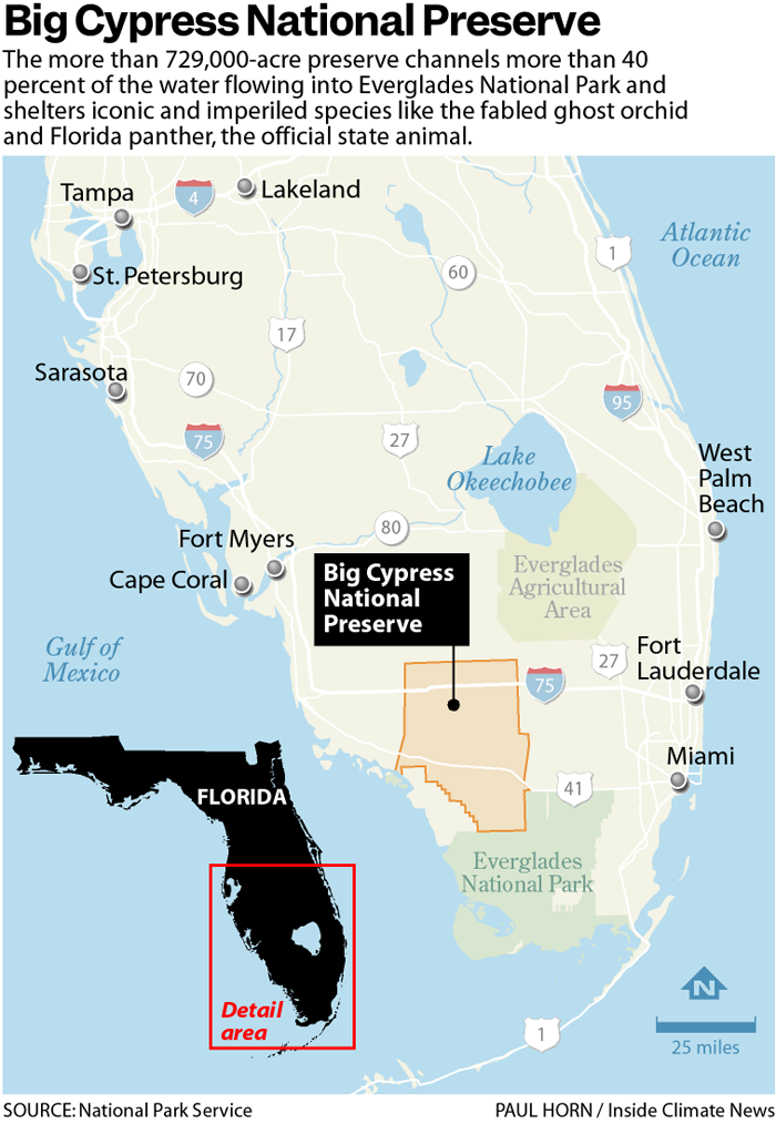 A map showing the location of the Big Cypress National Preserve in Florida.