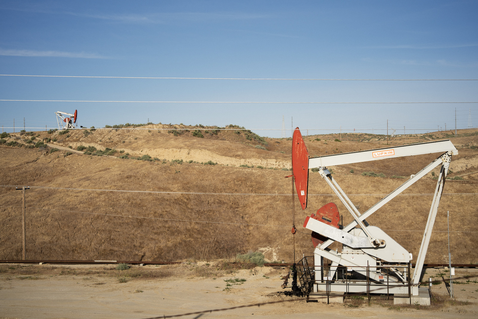Oil pump jacks at the Elk Hills oil field in Kern County, California.