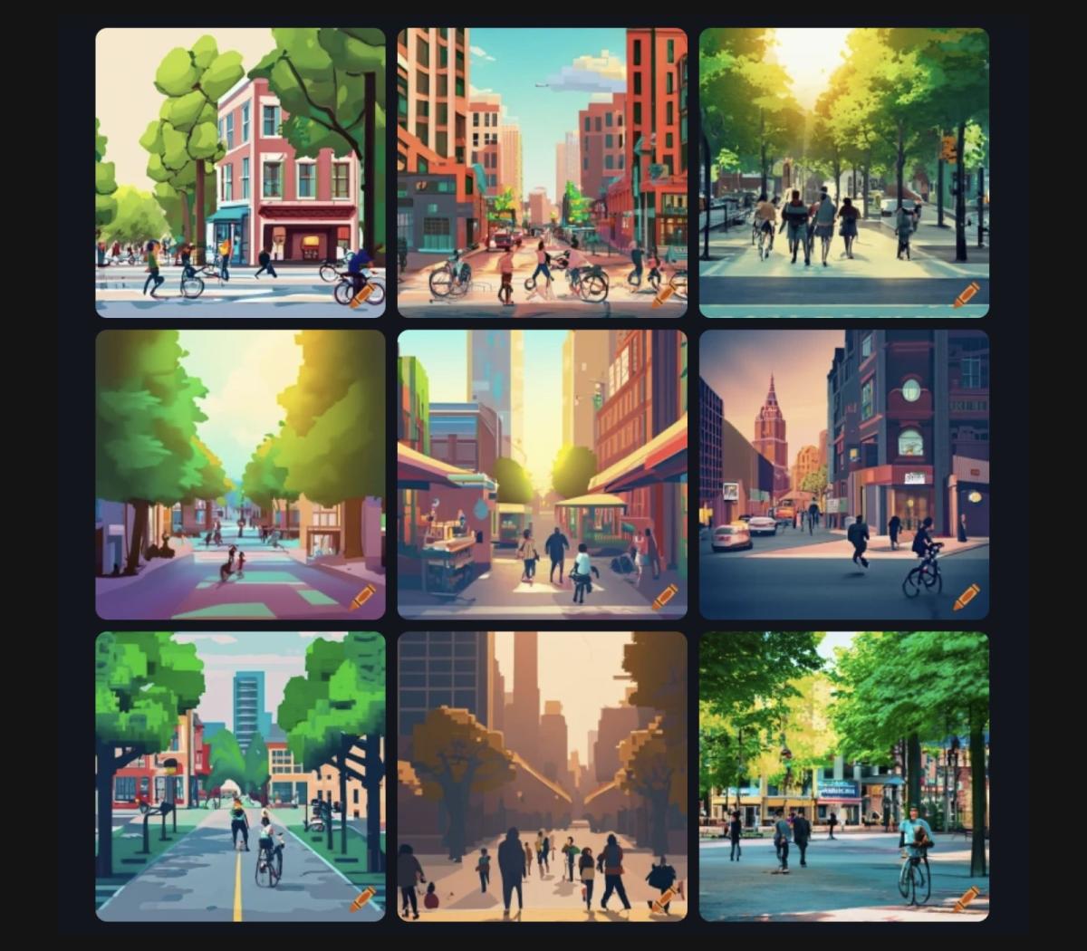 A panel of nine AI-generated illustrations that show city streets with people walking and biking, trees, and storefronts