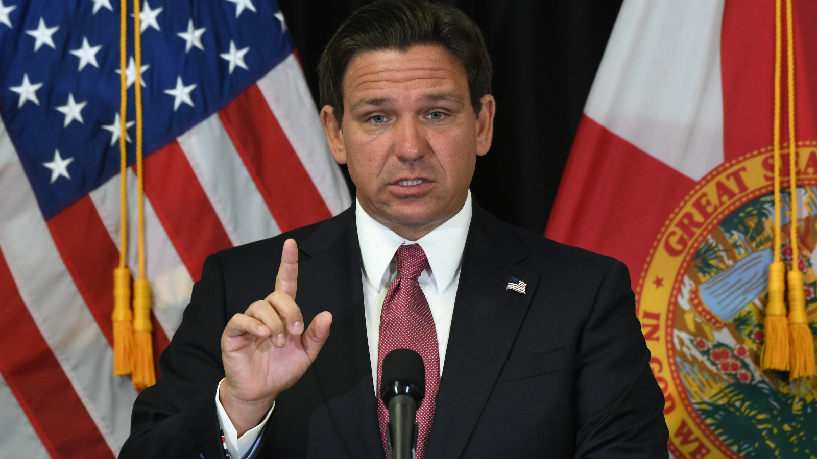 Photo of Ron DeSantis holding a finger up next to a flag
