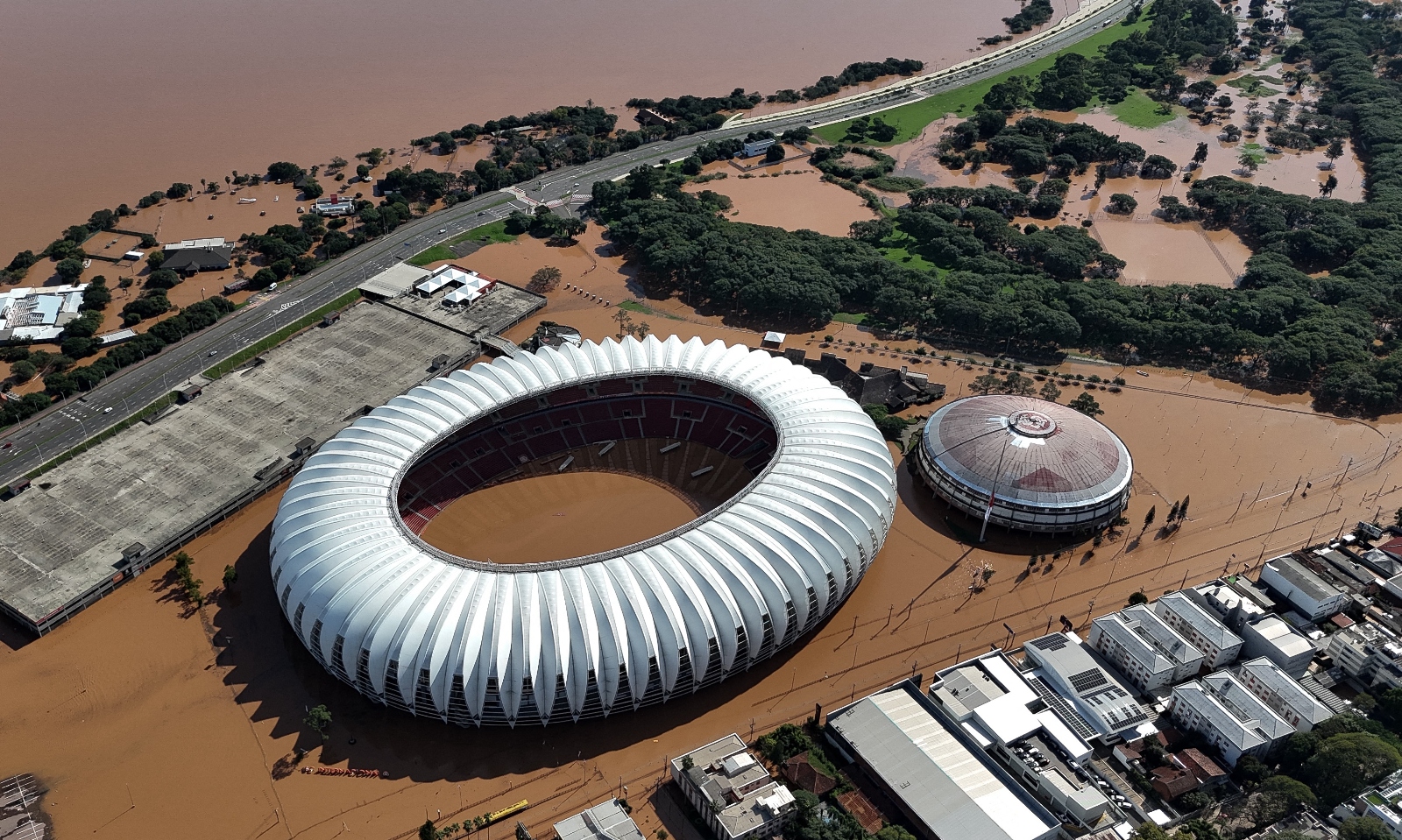 Aerial view of a flooded stadium.