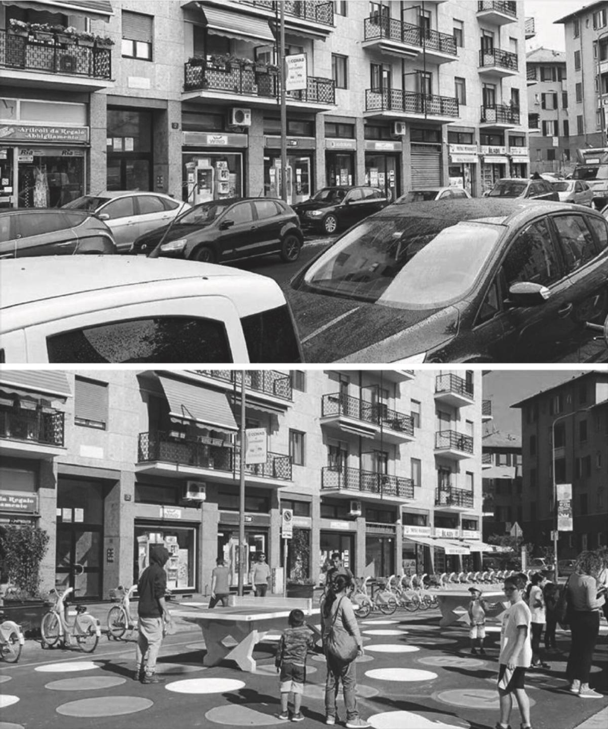 Two stacked black-and-white photographs show the same city block. In one, the view is dominated by cars. In the next, pedestrians wander around an open piazza with rows of parked bikes and ping pong tables.