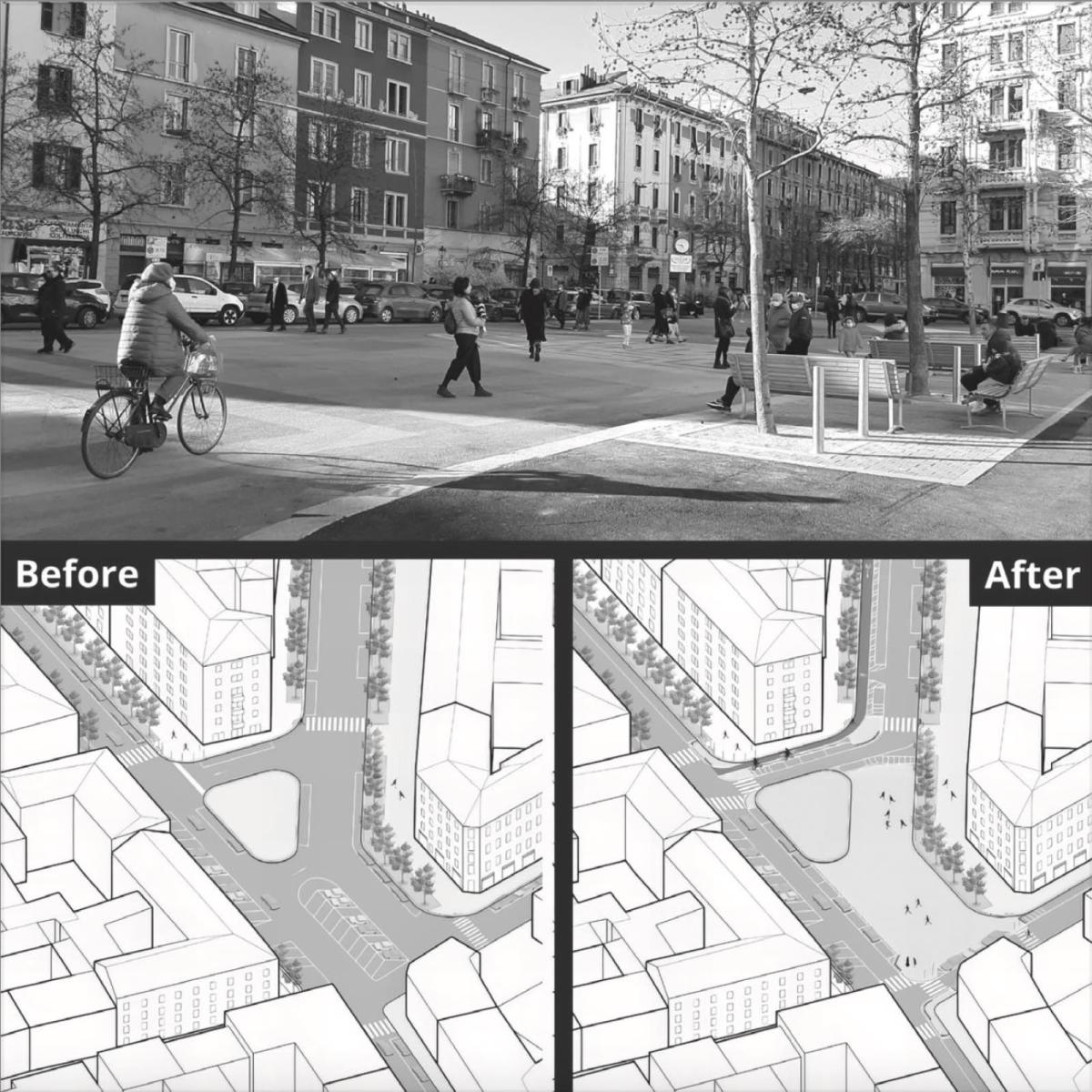 A photo of an open square with benches, people walking, and a person on a bike, on top of a before and after illustration that shows the square's transformation