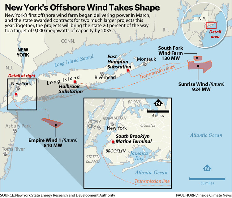 A map of the New York area entitled New York's Offshore Wind Takes Shape.