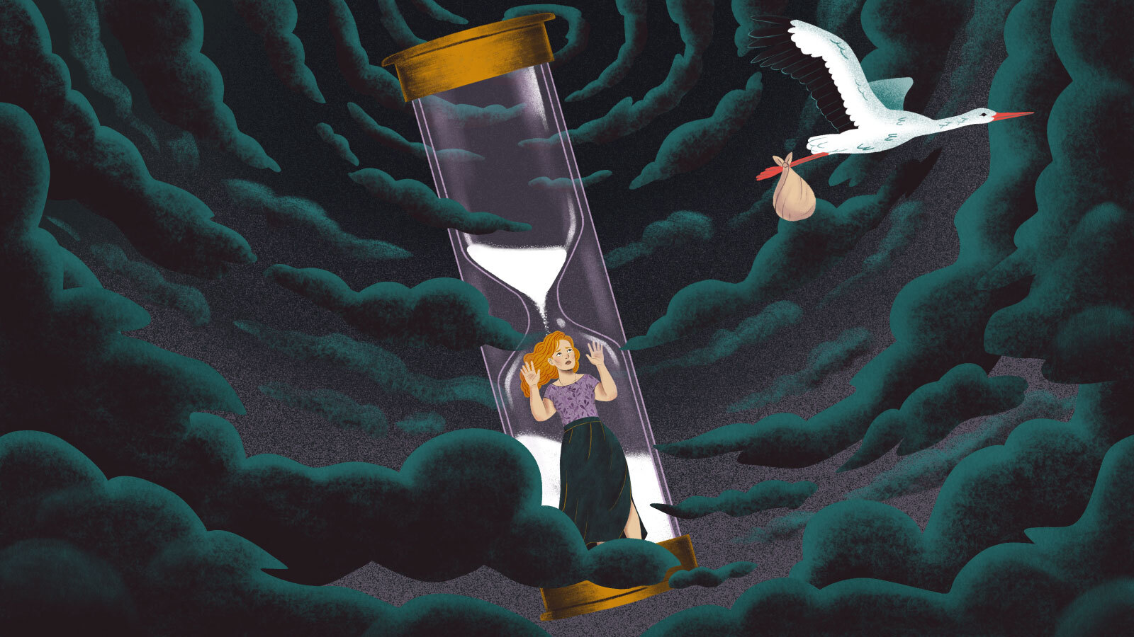 An illustration of a woman in an hourglass looking outside at a stork carrying a bundle. Around them, a hurricane swirls.