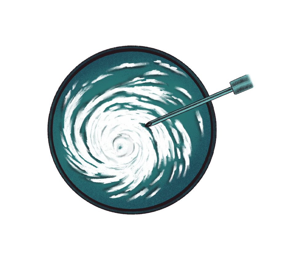 An illustration of a petri dish with a needle going into it. Inside is a hurricane.