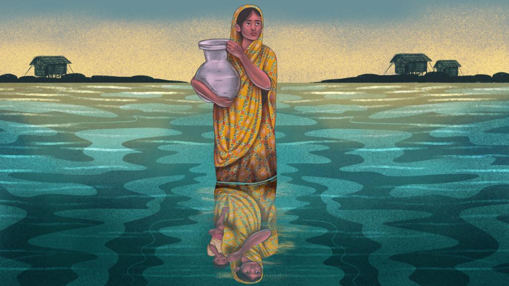 An illustration of a woman standing in water holding a jug. Her reflection on the water shows her holding a baby