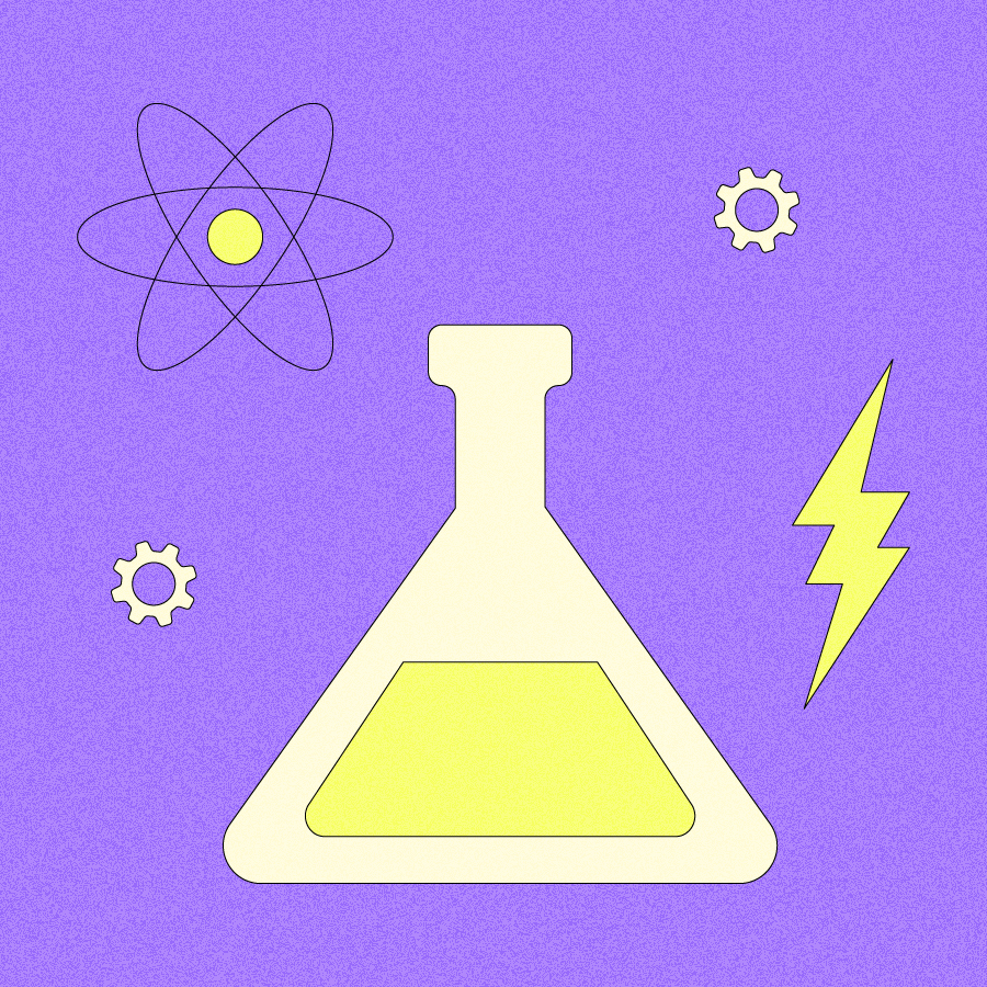 Illustration of beaker with an atom, gears, and a lightning bolt floating around it