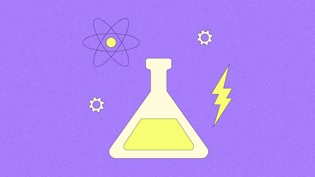 Illustration of beaker with an atom, gears, and a lightning bolt floating around it
