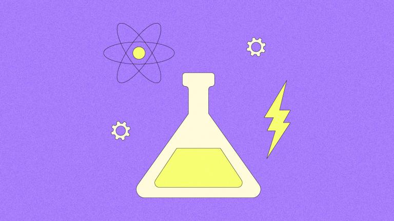 Illustration of beaker with an atom, gears, and a lightning bolt floating around it