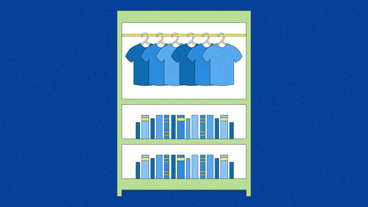 Illustration of clothing rack inside library bookshelf