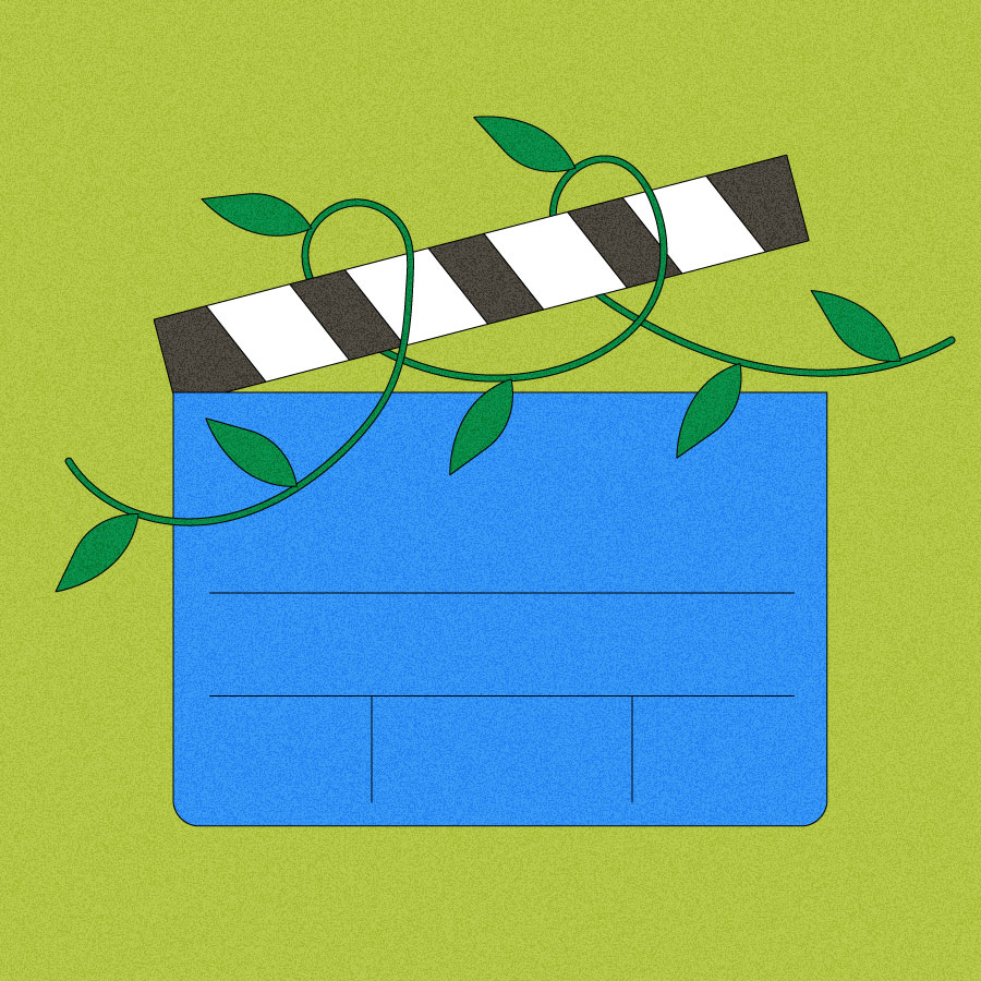 Illustration of film clapboard wrapped in a leafy vine