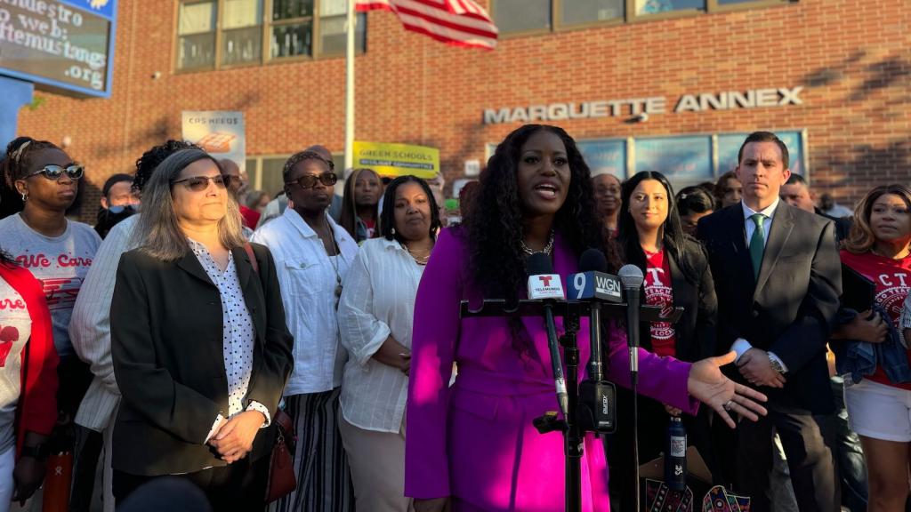 Black woman with long dark hair in a magenta coat speaks into television microphones at a press conference. She is surrounded by other people of differing races.