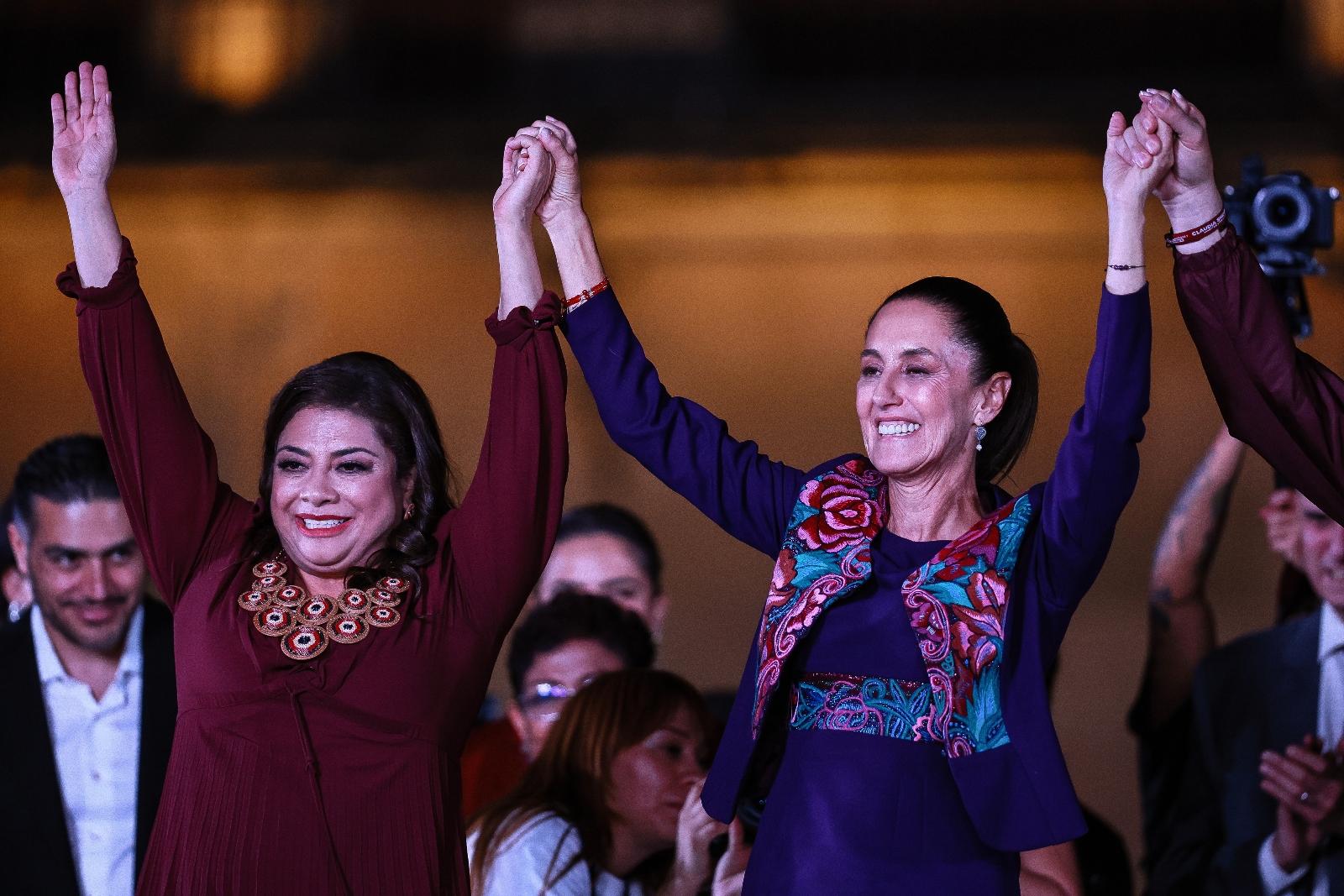 Incoming Mexico City mayor Clara Brugada, left, stands with Mexico's president-elect Claudia Sheinbaum during an election celebration. Both politicians have received praise for tackling Mexico City's water crisis.